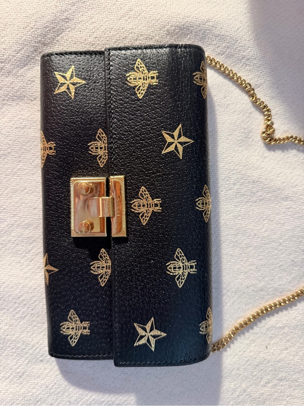 Black & Gold Bee-Print Chain Crossbody Bag